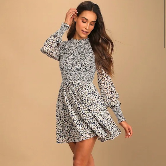 Lulus Floral Forever Navy Blue Floral Print Smocked Skater Dress - Size M - Picture 5 of 7